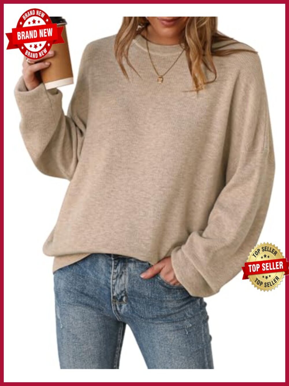 Wool Blend Oversized Sweater Pullover Crewneck Ribbed Knit Casual